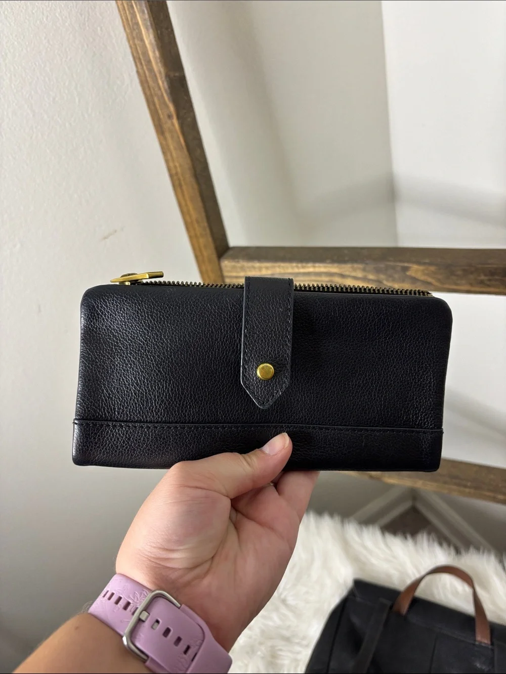 Fossil Black Leather Backpack and Wallet Set with Brown Accent